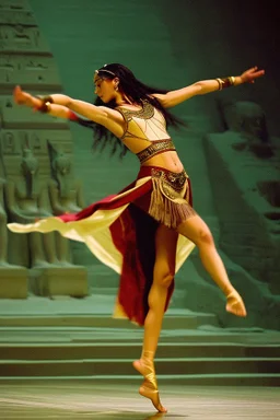 [ancien Egypt, real photography] The climax of the dance approaches as Satiah's movements slow once again, transitioning into a graceful tableau. She raises her arms toward the heavens, her expression a mix of awe and reverence. Her dance has conveyed the cyclical nature of existence, the union of mortal and divine, and the profound connection between humanity and the gods. As the haunting melody of flutes and harps begins to play, Satiah enters the center of the room, her presence commanding at