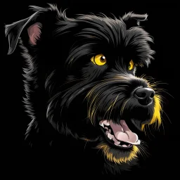 illustration of an angry scruffy black terrier on black background, yellow eyes