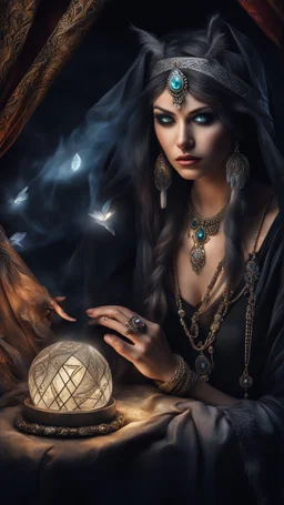 Hyper Realistic photographic-view of Wicked-&-Beautiful-Fortune-teller-with-cat-eyes wearing black-beed-necklace-&-bracelet angrily Looking at her crystal-ball glowing magically & sitting in her tent at dark-night decorated with fancy-traditional-feathers-&-tarot-cards showing dramatic & cinematic ambiance"