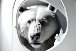 white,background,looking,through,a 3-d, broken,window,with,sharp,edges hole,watching,a,cutew,bear