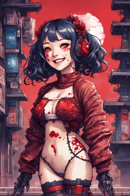 anormal, smile, blood, girl cute, full body, beautiful cyberpunk petit girl, hyperdetailed, behind made 8bits and Pixel Art, watercolor illustration by <Katsushika Hokusai>, darkred tones,