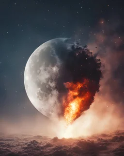 Moon, biological heart, cinematic, {abstract}, depression, space background, atmospheric, fire, DLSR, soft focus, dispersion