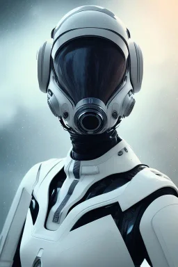 Joi, Black intergalactic pilot suit, portrait, bright white eyes, wearing high tech pilot breathing mask, beautiful face, white smoke, dark, rage, sorrow, high definition, ultra 8 k, volumetric lighting, blue fire, fog