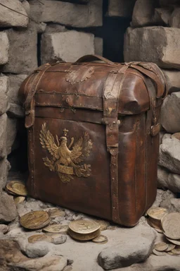 in the BASEMENT there is an old, broken brown oblong leather chest with short handles, from which gold coins from the time of Catherine the Great fall out. The ancient coat of arms of tsarist Russia, the double-headed eagle, is BARELY VISIBLE on the bag. There are a lot of broken bricks and earth around the bag. All in high quality 8K