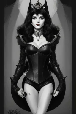 drawing of young victoria principal as evil queen in black leather, feminie, angry, stern look on her face, volouptous, busty, cleavage, emperious, mature, highly detailed, digital painting, artstation, concept art, smooth, sharp focus, illustration, art by gaston bussiere and alphonse mucha