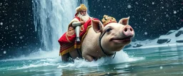 super happy guru explorer in deep trouble by the water fall, glitter disco glam luxury camel pig in snow storm