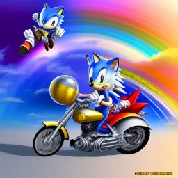 Sonic the hedgehog riding a motorcycle across a rainbow