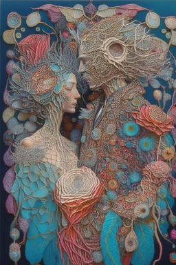 Surreal painting entitled "Indras Net" Surreal couple wearing intricately detailed quilling made from flowers, feathers, shells, gemstones, twine, pieces of colorful fabric, and leather; insanely detailed; intricate; award-winning; rose tones; beautiful; surrealism; Salvador Dali, Alex Pardee, Aaron Horkey