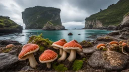 Ground-level shot of exotic giant mushrooms with tentacles on a rocky shoreline, cloud trees, and cliffs