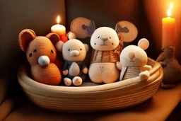 Cute but quirky stuffed animals lie in a carved basket on a soft sling, by candlelight