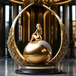 A magnificent golden and silver heart-shaped sign adorned with a stunning golden sphere encrusted with sparkling diamond clusters at its center, elegantly spinning in position,a girl statue standing pose