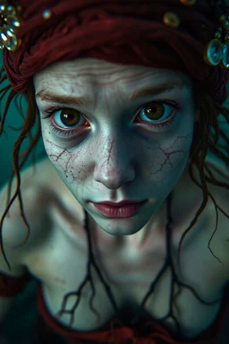 Country underwater, closeup siren with big eyes, ragged clothes, fullbody, his skin translucent, black veins that extended like roots, 8k,macro photography,
