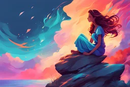 fantasy digital art with vibrant and fantasy colors of a young woman sitting on a rock The art style is cartoon-like and the style of the young woman and elegant. She has long hair that flows in the wind, and her eyes are closed in concentration. Much like the iconic Lo-fi girl, Ensure that the image exudes a tranquil and relaxing ambiance, . Aesthetic, , fantasy, the background is clear sky and fading clouds, and the young woman has light surrounding her