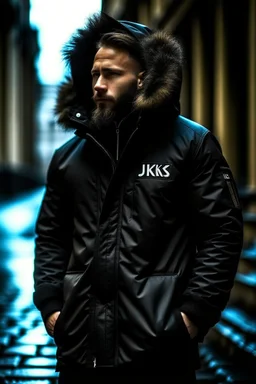 Men's coat black that has fur and contains the word jiks