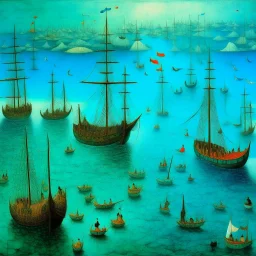 A bluish teal bay with pirate ships painted by Georges Seurat