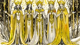 a group of three women standing next to each other, 3 figures as winter spirits, 3 winter deities, inspired by Louisa Matthíasdóttir, white and gold priestess robes, by Galen Dara, inspired by Viktor Vasnetsov, medieval high fashion, inspired by Júlíana Sveinsdóttir