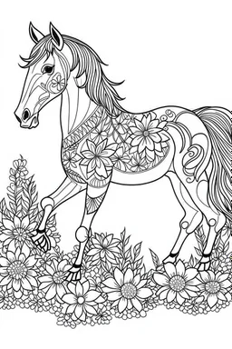 outline art for horse coloring pages with horse and flowers, white background, Sketch style, full body, only use outline, clean line art, white background, no shadows and clear and well outlined