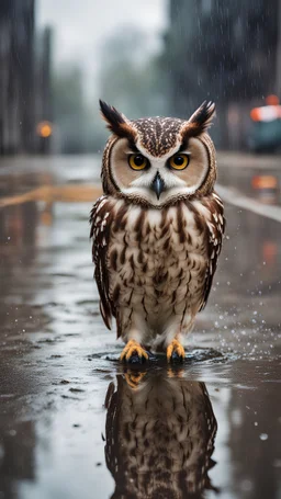 A photo of An owl in a puddle, while it's raining everywhere around her