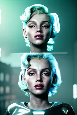 Ultra Realistic sci-fi scene, portrait, blonde woman, sweet Marylin Monroe face, perfect iris, glow eyes, makeup. Aliens background, Retro sci-fi style, helmet, tight latex coat, fog, rain, soft color, highly detailed, unreal engine 5, ray tracing, RTX, lumen lighting, ultra detail, volumetric lighting, 3d, finely drawn, high definition, high resolution.