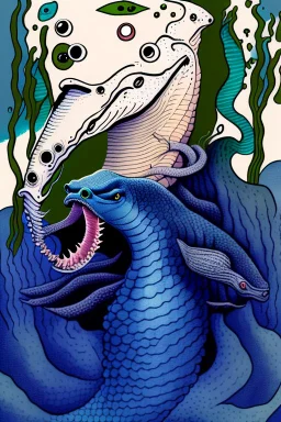 a sea monster with a human head, the body of a moray eel, fins of a fish, swims in the ocean