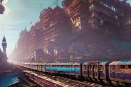 close up train+Elevated train+train+town on sea+sea+Italian colourful sea village +alphonse mucha, greg rutkowski,matte painting, cryengine, hyper detailed, felix kelly, fantasy art, seb mckinnon