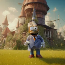 Full body, 3d render, homer simpson 1800's men style, 1800's hair style, 1800's men clothes style,riding horse, hyper realistic, octane render, unreal engine 5, 8k, palace background, uhd