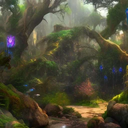  scifi landscape, bioluminsescent plants, 8k resolution, dynamic lighting, ultra hyperdetailed, waterfalls, ultra colourful flovers,, very small details, realistic.