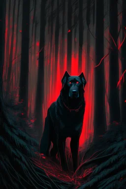 in the style of William Adolphe Bouguereau, a monstrous black dog with red, glowing eyes in a dark forest