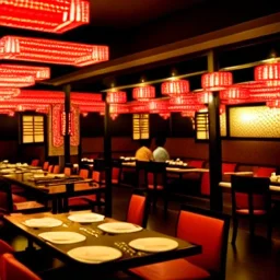 Escena de restaurante japonés estilo blade runner lleno de personas comiendo