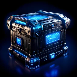 valuable chest, cyberpunk style, blue lighting, black background, video game icon