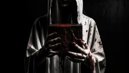 a faceless woman covered in blood holding up a black rectangular box