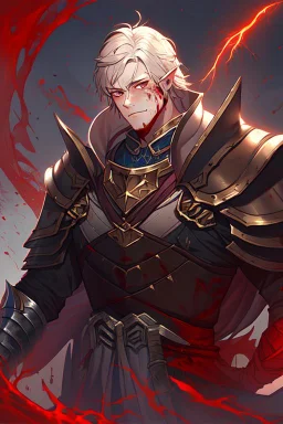 Armored Male Blood Knight Elf by manhwa or korean webtoon style there are lightning and blood spurts around the man, his face pointed at the camera, and with a serious look he lets his opponent know that it's his turn