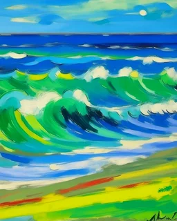 A blue beach with splashing waves painted by Alexej von Jawlensky