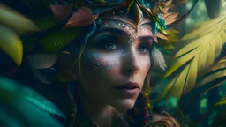 photoreal close-up wide-angle shot from above of a gorgeous elf goddess in decorated treehouse, wearing a head scarf with many colours like a natural Diadem dissolving with her head, glowing skin, detailed tribal make up, in a dense foggy rainforest, intense focus as leaves are swirling around her, intense lighting, otherworldly creature, in the style of fantasy movies, shot on Hasselblad h6d-400c, zeiss prime lens, bokeh like f/0.8, tilt-shift lens by lee jeffries