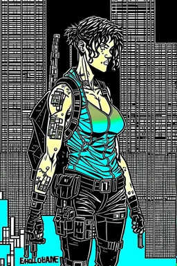 create a film noir full body portrait illustration of an athletic cyberpunk female private detective with prosthetic arm in flak vest, with highly detailed , sharply defined feminine facial features, in a chaotic, turbulent, otherworldly Tokyo in the comic art style of FRANK MILLER, ALBERTO BRECCIA, BILL SIENKIEWICZ and JEAN GIRAUD MOEBIUS, , precisely drawn, inked, with dramatic edges, chiaroscuro in stark black and white