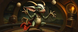 alien gremlin dog bison badger star ship bridge captain dancing in the style of Rembrandt and Escher and Dali