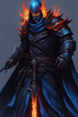 A warrior with a matte black combat helmet and eyes with bright blue flaming pupils, a black cape and a long coat with long combat boots and a long, sharp and fiery spear and with his helmet under his cape and two blue flames instead of eyes