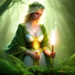 romantic fantasy spray painting, portrait of very cute crying green eyed blonde robed bard with halo sitting in huge marble , bubbles, tossing torch in magical forest, foliage frame, magic wand