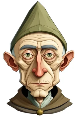 Portrait of a male gnome with short hair, intelligent eyes, angular face, aquiline nose, de Chirico style