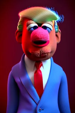 Waist up muppet Portrait, Donald trump as muppet doll, Blue suit retro style, photo studio, blue background, unreal engine 5, concept art, art station, god lights, ray tracing, RTX, lumen lighting, ultra detail, volumetric lighting, 3d.