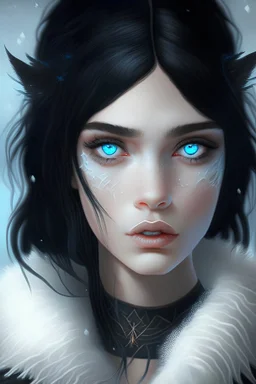 Young lady who is black witch and has Black hair with a white tuft in the front and great bower and snow skin and light blue eyes