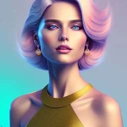 A portrait very beautiful woman ,smiling,and laughting, longs hairs white ,elegant, atmospheric, realistic, cinematic lighting, pink blue light, 8k, galactic atmosphere, flowers, jewels gold