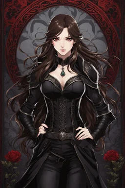 A confident looking young woman with pale skin and long brown hair in a dark fantasy setting with intricate details. She is wearing black and read leather, has red eyes, an air of malevolent power surrounds her. Anime style. High definition.