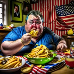 patriotic repulican fat american eating fries in his super messy kitchen HD