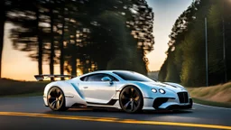 A sleek white shiny (((hypercar bentley))), its contours and details perfectly captured in a (((cinematic view))), zipping along a winding road under a beautiful blue black night sky