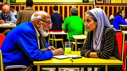 A teacher in the university cafeteria looks at an old man around the age of 60 sitting at another table next to hers, Egyptian complexion.