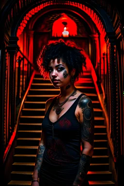 scarred cyberpunk vampire girl with tribal tattoos short curly dark cyberpunk hair descending the staircase in decaying dark mansion on fire