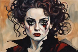 Painting of Helena Bonham Carter as a Goth vampire girl, in the Expressionist style of Egon Schiele, Oskar Kokoschka, and Franz Marc, in muted natural colors