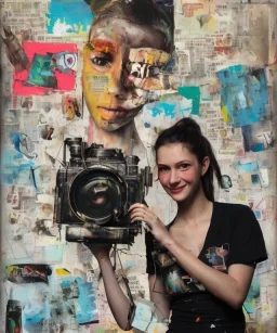 happy beautiful girl holding big proffesional camera in studio. street art, oil on canvas, spray paint, collage, letters, newspapeers, Dave McKean, Vladimir Fedotko, Saturno Butto, Vaughn Bodé, Frank Wu, James C. Christensen, collage, dirty, paint dripping, radiant