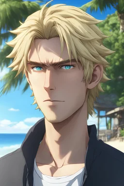 [Portrait] In the anime, a blonde-haired casual male character with gray-blue eyes, androgynous is on the tropical beach of the village, the town. [8K resolution, ultra graphics, higher quality, and detailed with power lines.]